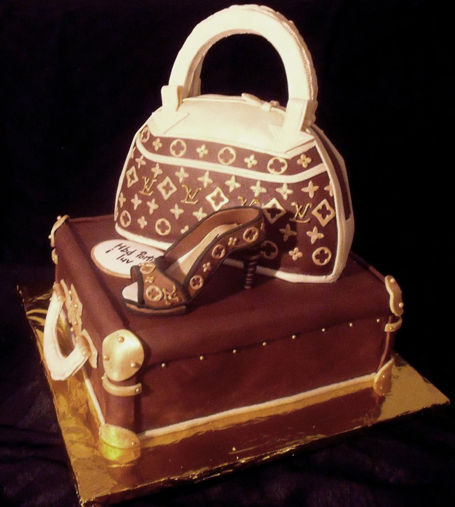 Fashionista Fondant Cake with Edible Louis Vuitton Luggage, Purse, and Shoe  side view