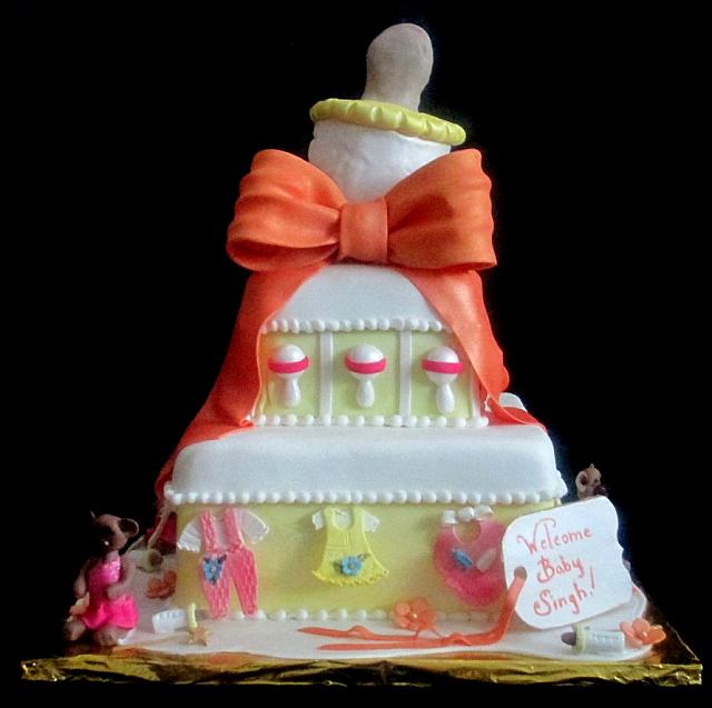 Baby Shower Tiered Cake with Giant Bottle,  Baby Clothes, Baby Rattles, Bears in Tutus Fondant Cake Main