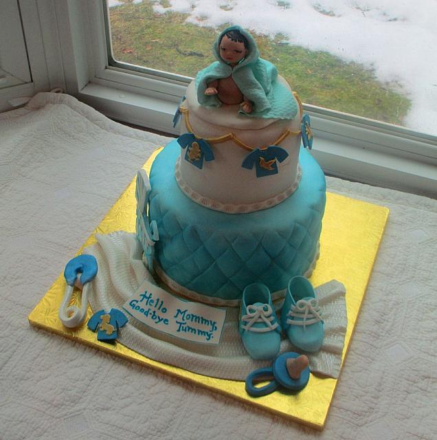 BabyShowerBoyBlueWhiteGoldFigurineCakeTopView