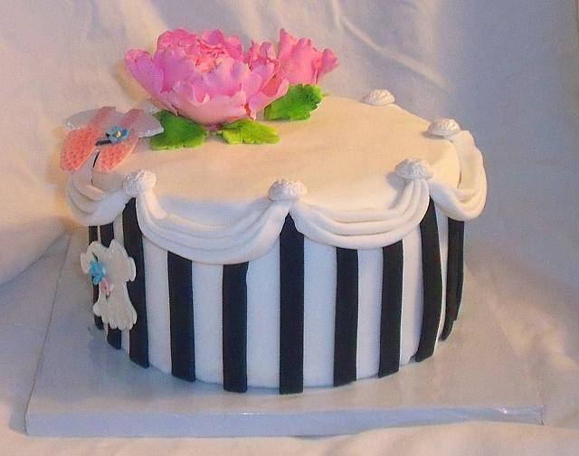 Baby Shower Cake with Paris Style Hatbox, Peony, and Baby Clothes main view
