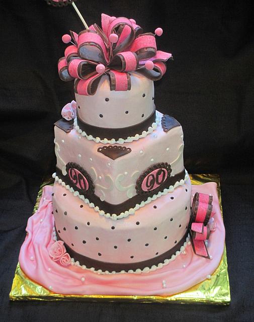 BirthdayFondantCake90PinkBrownBowsScrollsView1