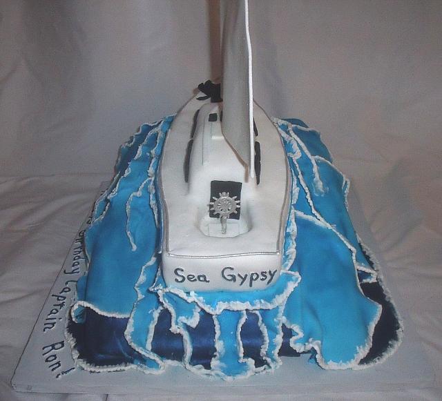 Nautical Yacht Boat on Sea Waves Cake with Edible Dog back view
