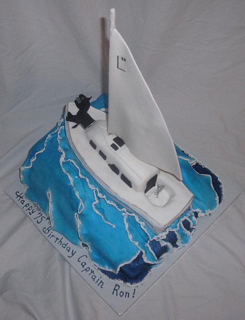 Nautical Yacht Boat on Sea Waves Cake with Edible Dog top view