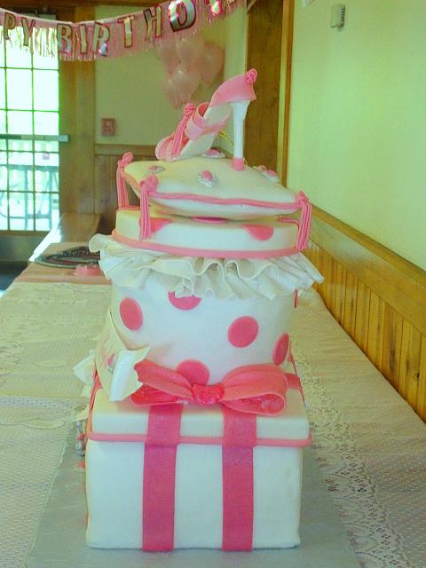 Stacked Presents with Pillow, Fashion Shoe, Silver Tiara Princess Cake side 2