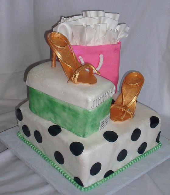 Fashionista or Fashion Cake with Shopping Bag, Gold Shoes, Shoebox view 1