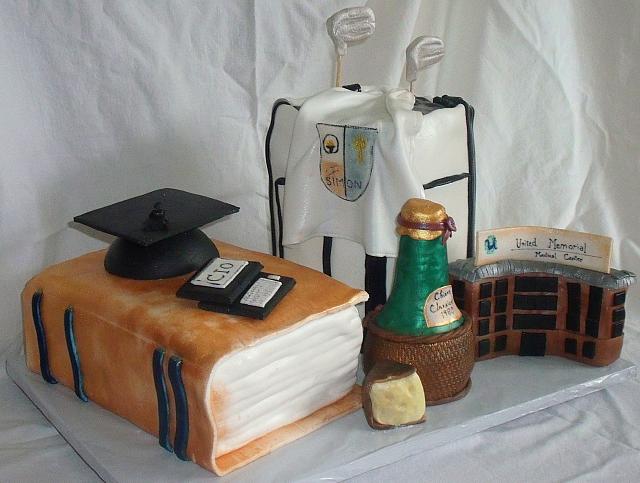 College Graduation Cake with Golf Bag Cake, Book Cake, Wine Bottle, Hospital Building Facade, Cheese, Droid Computer, Graduation Cap view 1