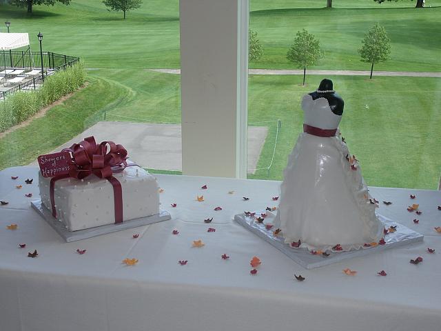 Bridal Shower Dress Cake and Present Cake with Fall or Autumn Edible Miniature Leaves front view with background