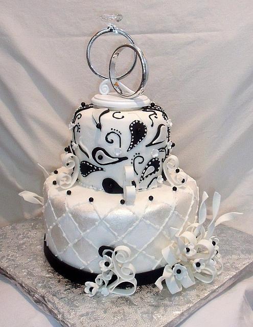 Anniversary Paisley Streamers Black White Fondant Cake Side