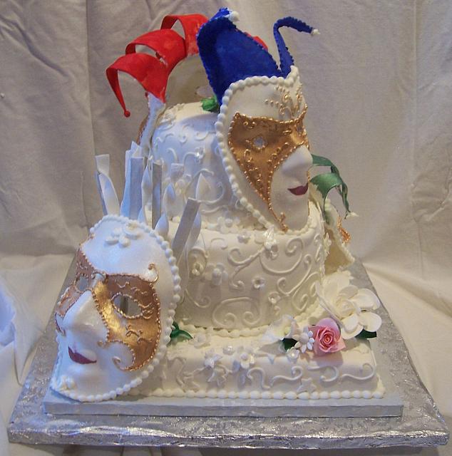 Mardi Gras cake with gumpaste masks