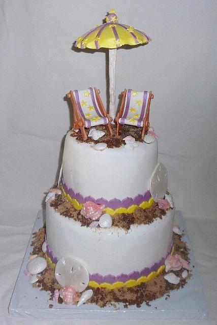 Beach Theme Fondant Cake with Edible Chairs, Umbrella, Sea Shells main view