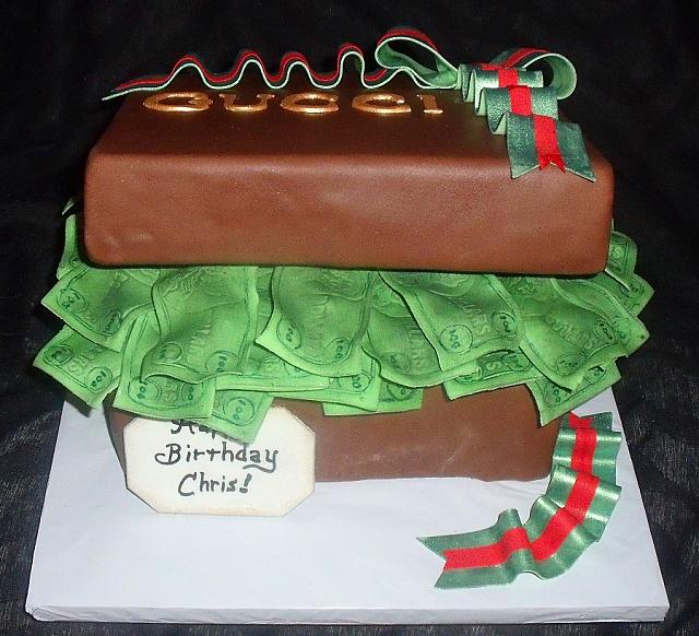 Fondant Present Cake Full of Edible Money with Designer Label front view