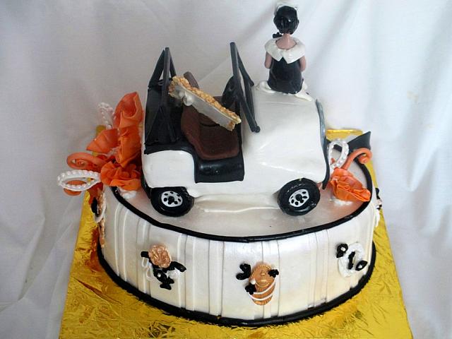 Edible Jeep, Edible Shoes, Edible Brooches Jewelry, Orange Fantasy Flowers Fondant Fashion Cake back view