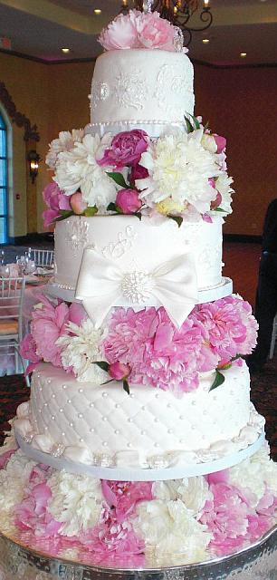 White on White Wedding Cake with Quilted Tier, Jeweled Bow, Jeweled Pillow Border, Damask Pattern, Monogram, Fresh Flowers main view