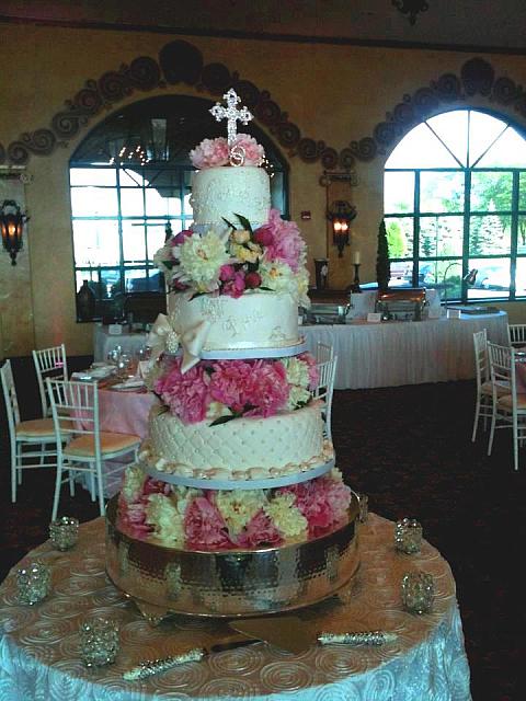 White on White Wedding Cake with Quilted Tier, Jeweled Bow, Jeweled Pillow Border, Damask Pattern, Monogram, Fresh Flowers view 3