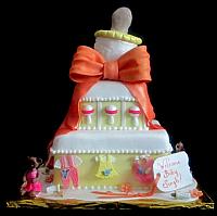 Baby Shower Tiered Cake with Giant Bottle,  Baby Clothes, Baby Rattles, Bears in Tutus Fondant Cake Main
