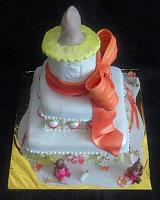 Baby Shower Tiered Cake with Giant Bottle,  Baby Clothes, Baby Rattles, Bears in Tutus Fondant Cake Top View