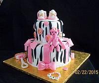 Zebra Striped, Gold and Pink Baby Shower Cake with Edible Shoes, Rattle, Baby Bear