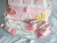 Baby Diaper Bag Cake For Baby Shower With Edible Gumpaste Baby Shoes, Baby Blanket, Baby Decorations Front Close Up