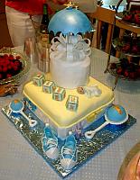 Baby Shower Cake For Boy with Umbrella, Baby Blocks, Baby Rattles, Baby Sneakers, Baby Sleeping, Large Bow