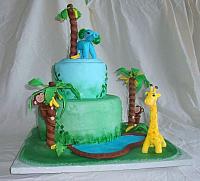 Jungle or Safari Baby Shower Cake with Edible Monkey in Banana Trees, Elephant, Giraffe, and Pond