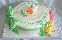 Baby Shower Cake with Edible Stork, Giraffe, Pig, Elephant, Infant Figurines