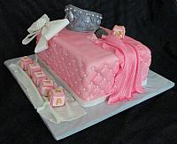 Baby Shower Princess Theme Fondant Cake with Crown, Quilted Sides, Baby Blocks, 
Edible Sleeping Baby, Jeweled Bow