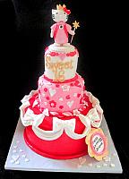 Hello Kitty Sweet 16 Pink, Red, White Fondant Cake with Bows, Hearts, Edible Figurine