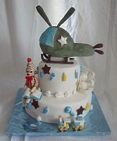 Baby Boy Cake with Edible Helicopter, Edible Sock Monkey, Edible Train, Baby Rattles, Baby Bottles