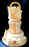 Fashionista Ivory Gold Tiered Cake with Edible Purse, Bow, Gold Frame Plaque
