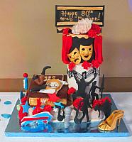 Multi-theme 80th Birthday Fondant Cake with 6 Themes - Karaoke, Reading, Buffalo Bills, Bingo, Theater, Swing Dance