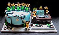 Retirement Fondant Cake with Note-Taking Monkeys, Vines, Desk, Computer, Flowers