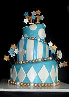 Topsy Turvy Blue, White and Gold Cake