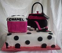 Hot Pink and Black Polka dot Shoebox, Purse, Shoe Cake front two view