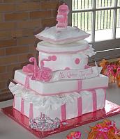 Quinceanera Cake in Pink and White with Stacked Presents, Edible Fashion Shoe, Pillow, and Princess Crown