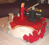 50th Anniversary Cake with Musical Couple with all Edible Decorations including Grand Piano, Oriental Rug, Bichon Dogs, Roses, Sheet Music