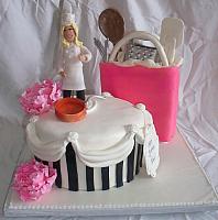 Chef, Kitchen, or Cooking Theme Cake with Kitchen Tools in Shopping Bag, Chef Figurine, Paris Style Hatbox, Gumpaste Peony