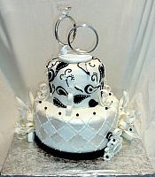 Black and White Anniversary Cake for 60th Wedding with Paisley design, Edible Streamers, Bows, Flowers