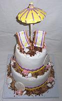 Beach Theme Fondant Cake with Edible Chairs, Umbrella, Sea Shells top view