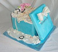 Tiffany Present Box Fondant Cake with Edible Jewelry, Peony Flower Bouquet, and Tissue
