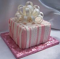 Pink Present Cake with Fondant Stripes and Large Gumpaste Bow