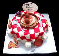 Pizza and Italian Food Themed Fondant Cake with Edible Chef Hats, Copper Pots, Grapes, Spagetti