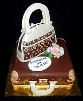 Designer Purse on Luggage Fondant Cake with Edible Gumpaste Floral Bouquet