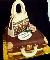 Designer Purse on Luggage Fondant Cake with Edible Gumpaste Floral Bouquet view 2