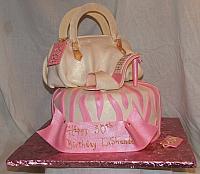 Designer Purse cake with designer shoe and zebra striped cake