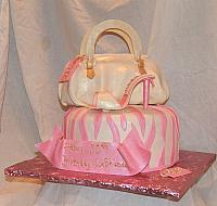 Pink and Ivory Designer Purse Cake with designer shoes and zebra striped cake - view 2