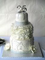 Anniversary25WhiteSilverRufflesScrollsDiamondTrimFondantCakeMain