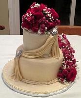 Anniversary 50th Fondant Cake With Swags, Edible Gumpaste Jewels, Fresh Flowers front view