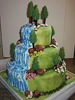 Outdoors Theme Wedding Cake with Trees, Waterfall, Flowers, Rocks