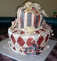 Mardi Gras Themed Wedding Cake with Masks and Peony Flowers