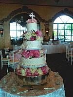 White on White Wedding Cake with Quilted Tier, Jeweled Bow, Jeweled Pillow Border, Damask Pattern, Monogram, Fresh Flowers view 3